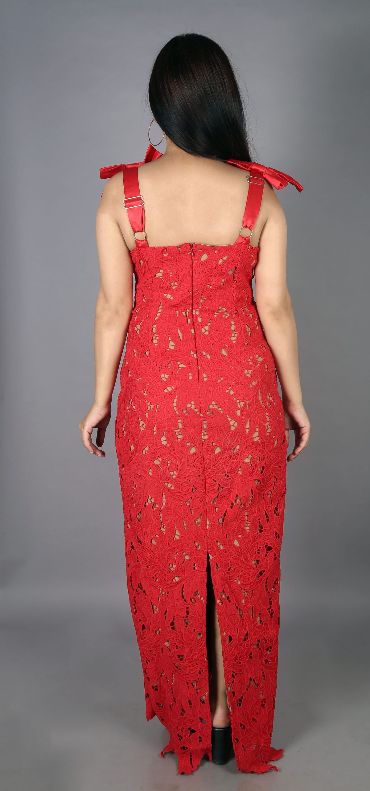 Women Sexy Lace Hollow Out Bow Spaghetti Straps Long Maxi Dresses - Image 5