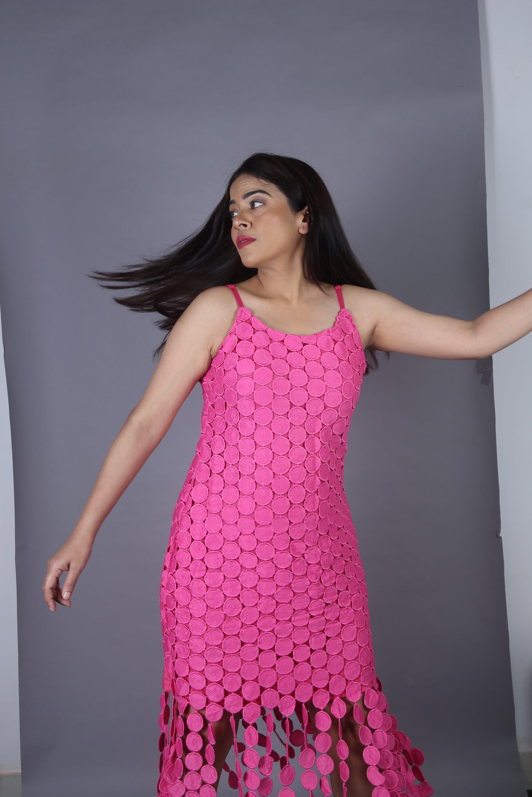 Embroidered Disc Crop Dress, Fuchsia - Image 4