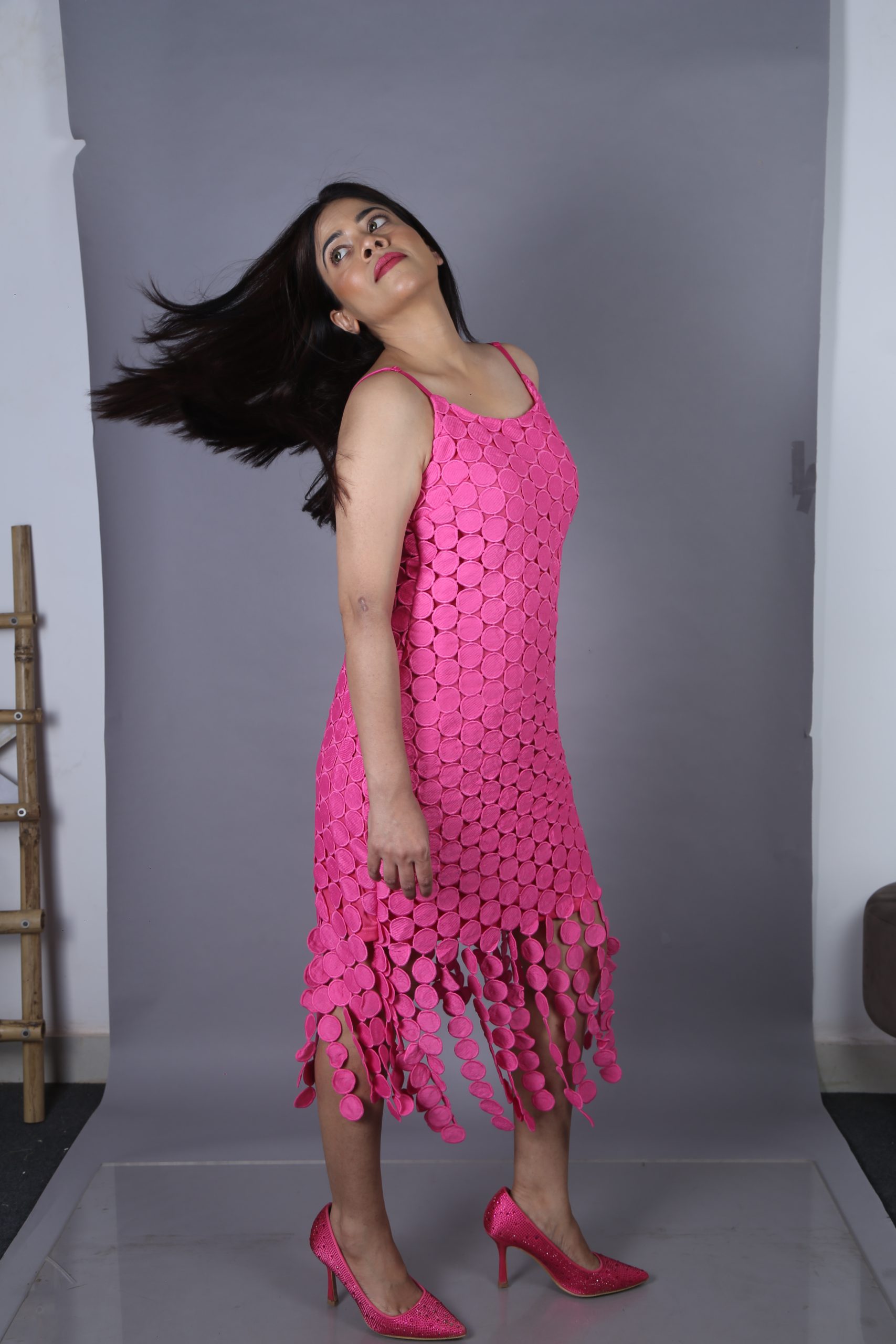 Embroidered Disc Crop Dress, Fuchsia - Image 3